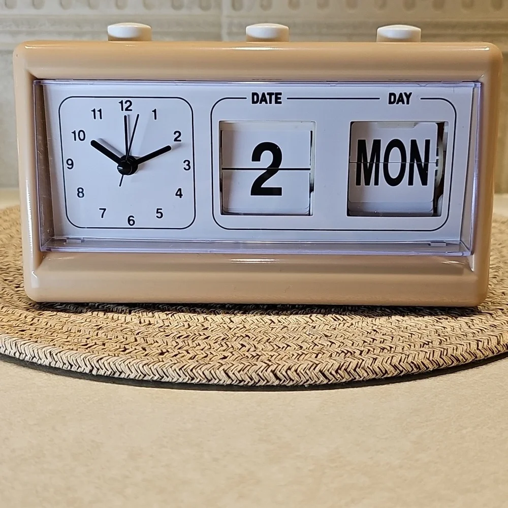 Retro Alarm Clock With Flip Date Display Calendar In Tan Color